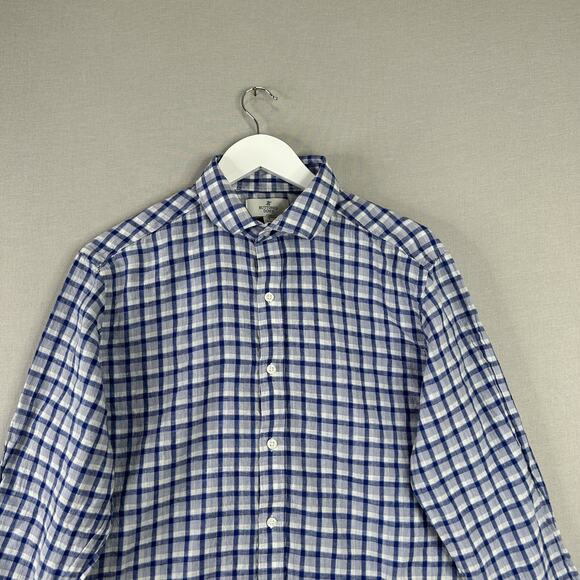 Buttoned Down Mens Shirt Large Blue Linen Blend Fitted Plaid Beachy Preppy - Picture 2 of 7
